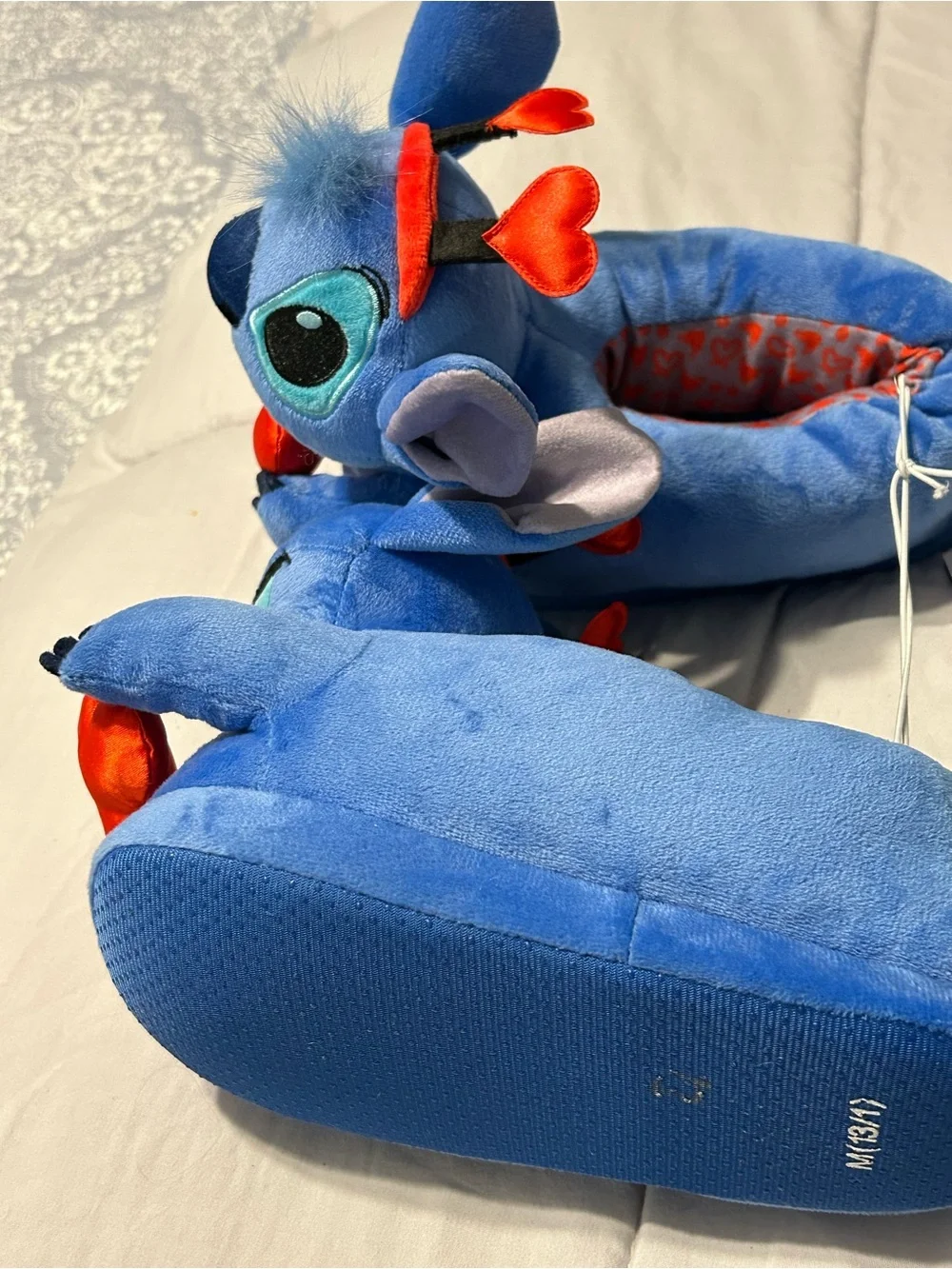 Disney Blue Stitch Plush Slippers with Red Heart Details